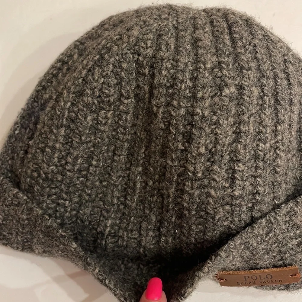 Boys POLO RALPH LAUREN Marino wool beanie hat LOGO leather patch charcoal gray